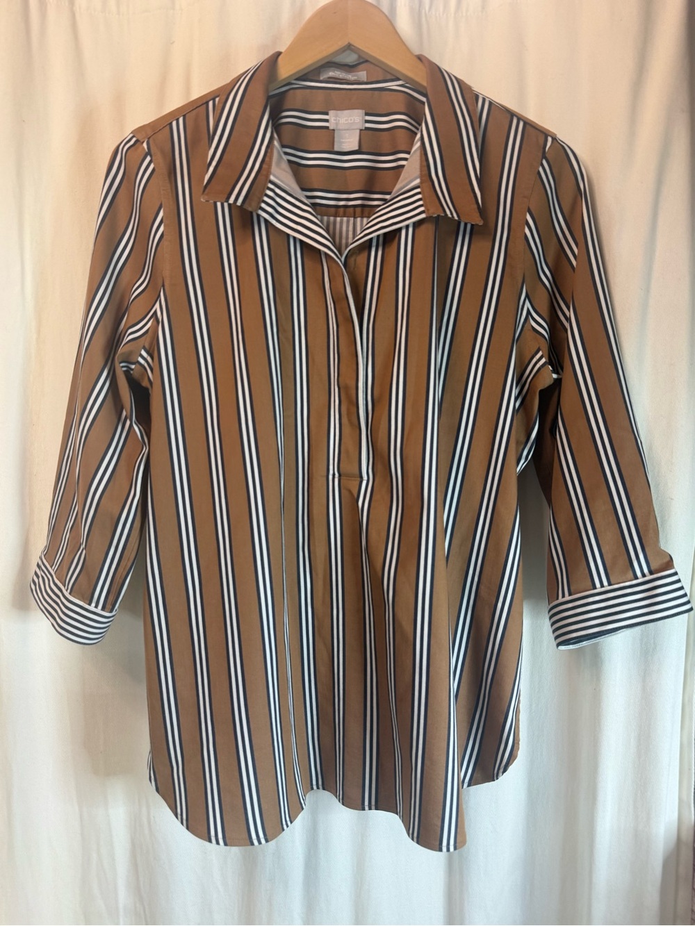 Chico's Brown, White & Blue Vertical Stripe Button-Down Top